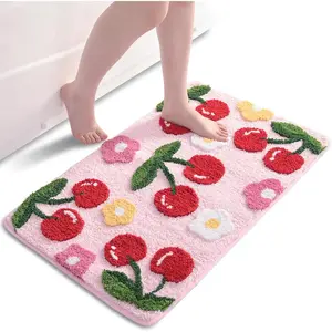 Pink bathroom rugs cute cherry bath mat coloful bathroom accessories funny flower rug non slip floor mat machine washable bath rug soft microfiber carpet for shower tub 18x26 inch