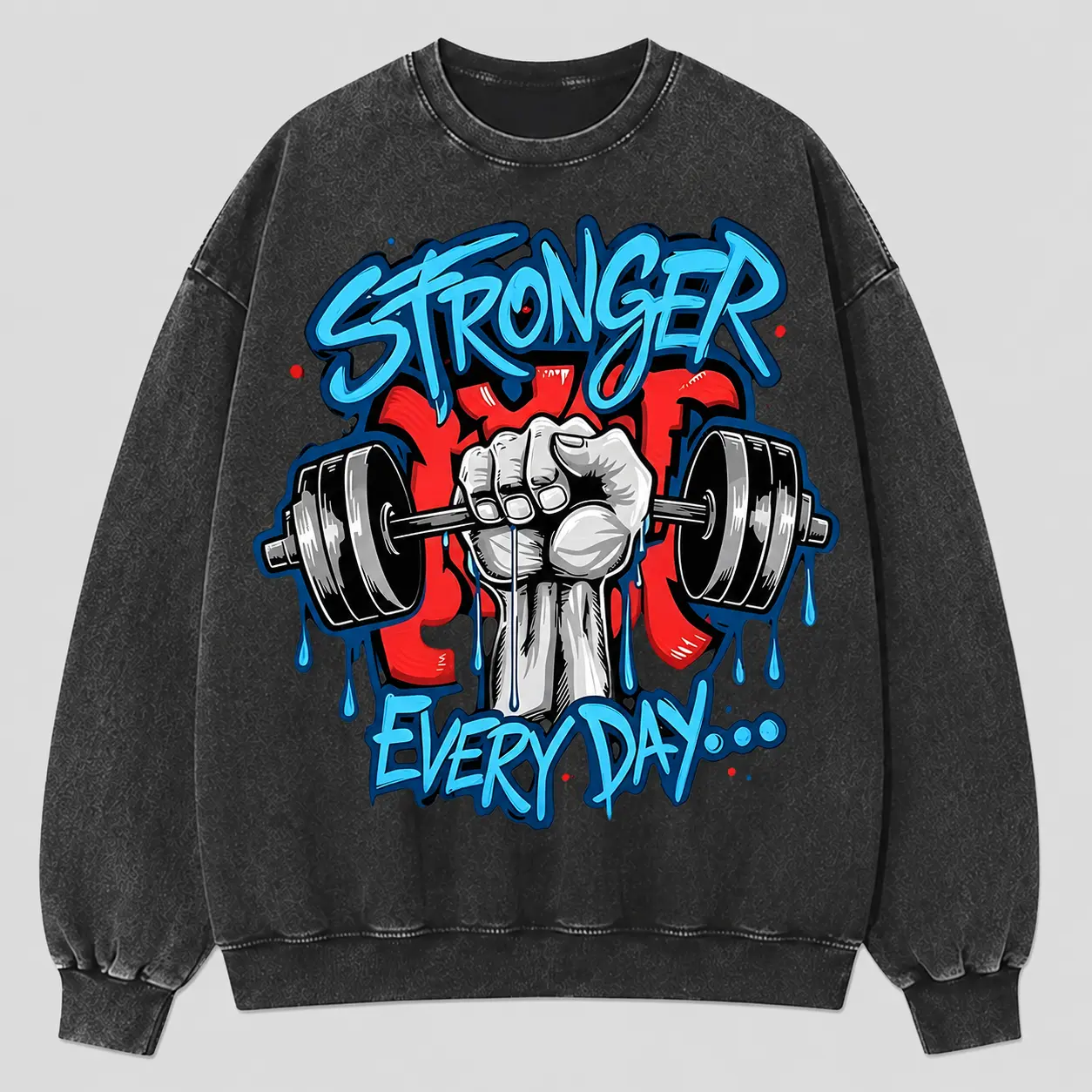 Menswear Ribbed Washed Sweatshirt - Men's Crew Neck Long Sleeve Pullover, Stronger Every Day Barbell Fist Graphic, Sports Outfits Soft Fabric Casual Workout Top, S-5XL