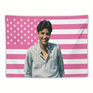 [Nostalgic Karate Maker] Pink and White American Flag Ralph Star Macchio Karate Maker Tapestry |   Horizontal Home Decor for Bedroom, Living Room, Dormitory, Concert - Nostalgic Gift for Martial Arts Enthusiasts
