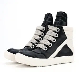 Men's Thick Shoelaces, Round Toe Shoes, High-Top Casual Shoes, Minority Retro Thick-Soled Skateboard Shoes Black Leather High Top Sneakers