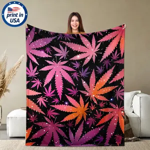 Cannabis Leaf Pattern Flannel Throw Blanket 280GSM, Soft Cozy Warm Napping Blanket, Unique Room Decor, Multifunctional Blanket for Home Office Travel Camping Sofa Bed Car, Gift for Adults Anniversary