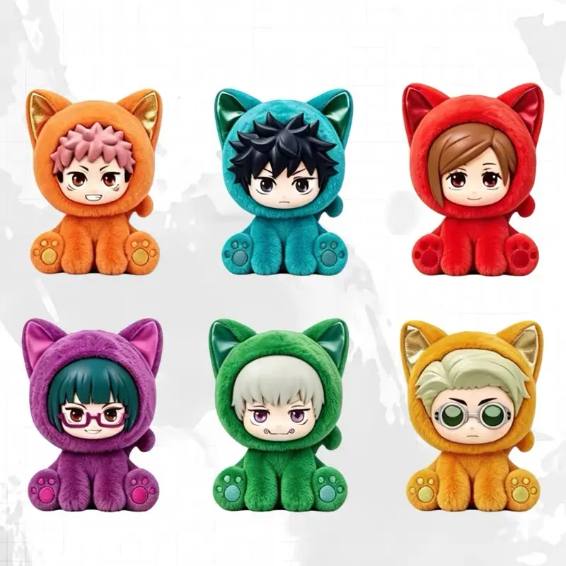 JJK Jujutsu Kaisen Sitting Cat Party Plush Blind Box, jjk Anime Figure Stuffed Toy for Desk Decor & PC Setup, Mystery Kawaii Collectible Anime Merch, JJK Blind Box Gift