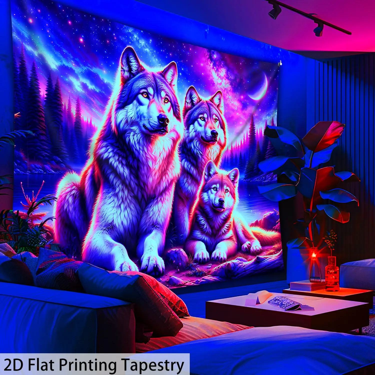 2D Flat Neon Wolf Fluorescent Tapestry - Glowing Color, Illuminated Tapestry for Bedroom Home Decor Wall Hanging, Indoor Porch Holiday Door Hanging, Glowing Color Tapestries, Illuminated Tapestries
