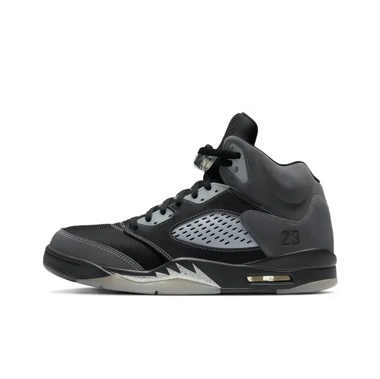 High top basketball sneakers dark grey suede mixed black woven fabric upper 23 embossed detail grey speckled midsole smoky translucent outsole rugged retro look padded collar unisex sport footwear
