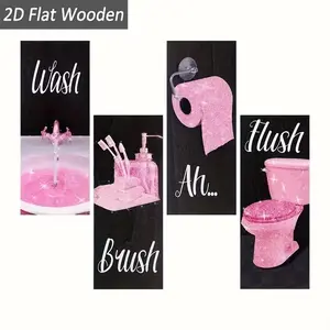 4-Piece Glitter Wooden Wall Decor Set, Modern Home Decor, 10x4 Inch Bathroom Wall Art, Self-Adhesive Backing, Ideal for Toilet Area Decoration