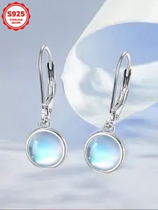 Women's S925 Silver Elegant Round Moonstone Pendant Earrings, Simple Fashion Hypoallergenic Earings for Daily Wear, Perfect Gift