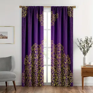 2pcs Purple Curtains with Elegant Golden & Black Mandala Patterns – Mystic Cosmos Design, Semi-Transparent Polyester Drapes, Window Curtain for Living Room & Bedroom Decor, Rod Pocket Style, Machine Washabl