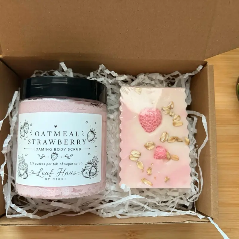 Handcrafted Oatmeal Strawberry Soap & Foaming Sugar Scrub Gift Set, Strawberry Vanilla Bath Set, Handmade Body Care Cleanser, Self Care Gift for Her