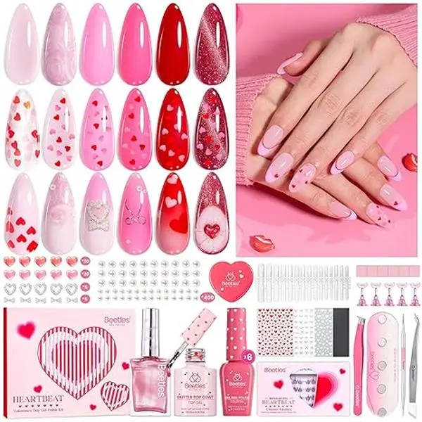 [LIVE ONLY]Beetles Valentine Manicure Kit, French Tip Pink Short Square Shape Natural Acrylic Nail Tips for Effortless Beauty & DIY Manicures - Frenchtipnails Spring Nail Valentine Gift Flower