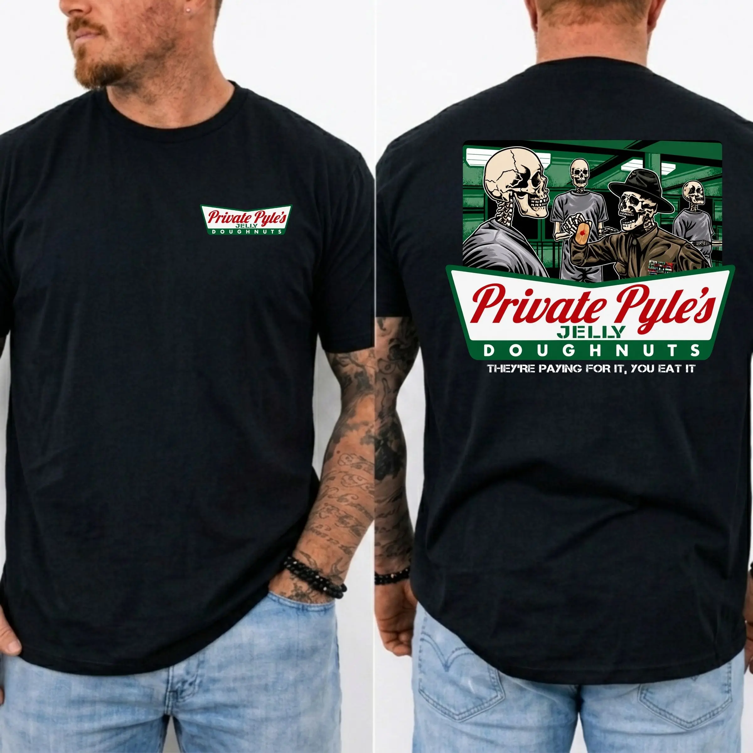 American Guardian Private Pyle's Jelly Doughnuts - They are Paying For It, You Eat It Side Action Tee, Patriotic Military Graphic Tee, Perfect Gift for Veterans and Soldiers, Unisex Cotton Short Sleeve Shirt for Daily Wear,  MADE IN USA