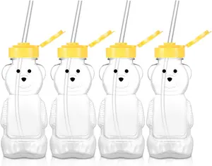 4 Pieces Juice Bear Bottles Honey Bear Drinking Bottles Plastic Reusable Drinking Cups with 4 Pieces Soft Silicone Straws for Daily Drinking Supplies (Yellow)