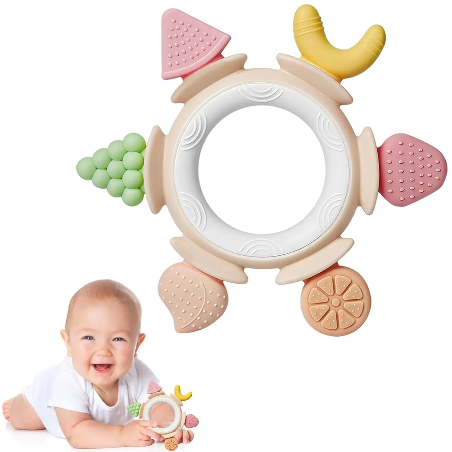Baby Teething Toys 0-6 & 6-12 Months, Silicone Teether Ring, BPA Free Baby Chew Toy, Fruit Teether for Gum Relief, Infant Sensory Toy Gift
