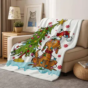 Cartoon Christmas Dog Flannel Blanket Whimsical GrinchStyle Print Cozy Warm Soft Lightweight AntiPilling Fade Resistant Perfect for Christmas Decor Holiday Gift Winter Snuggles Living Room Bedroom Sofa Couch Travel Office Pet Bed Camping
