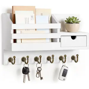 Wall Mount Key Holder & Mail Holder with 6 Hooks and Storage Drawer, Easy Installation Key Rack for Entryway Home Decor (A-White)