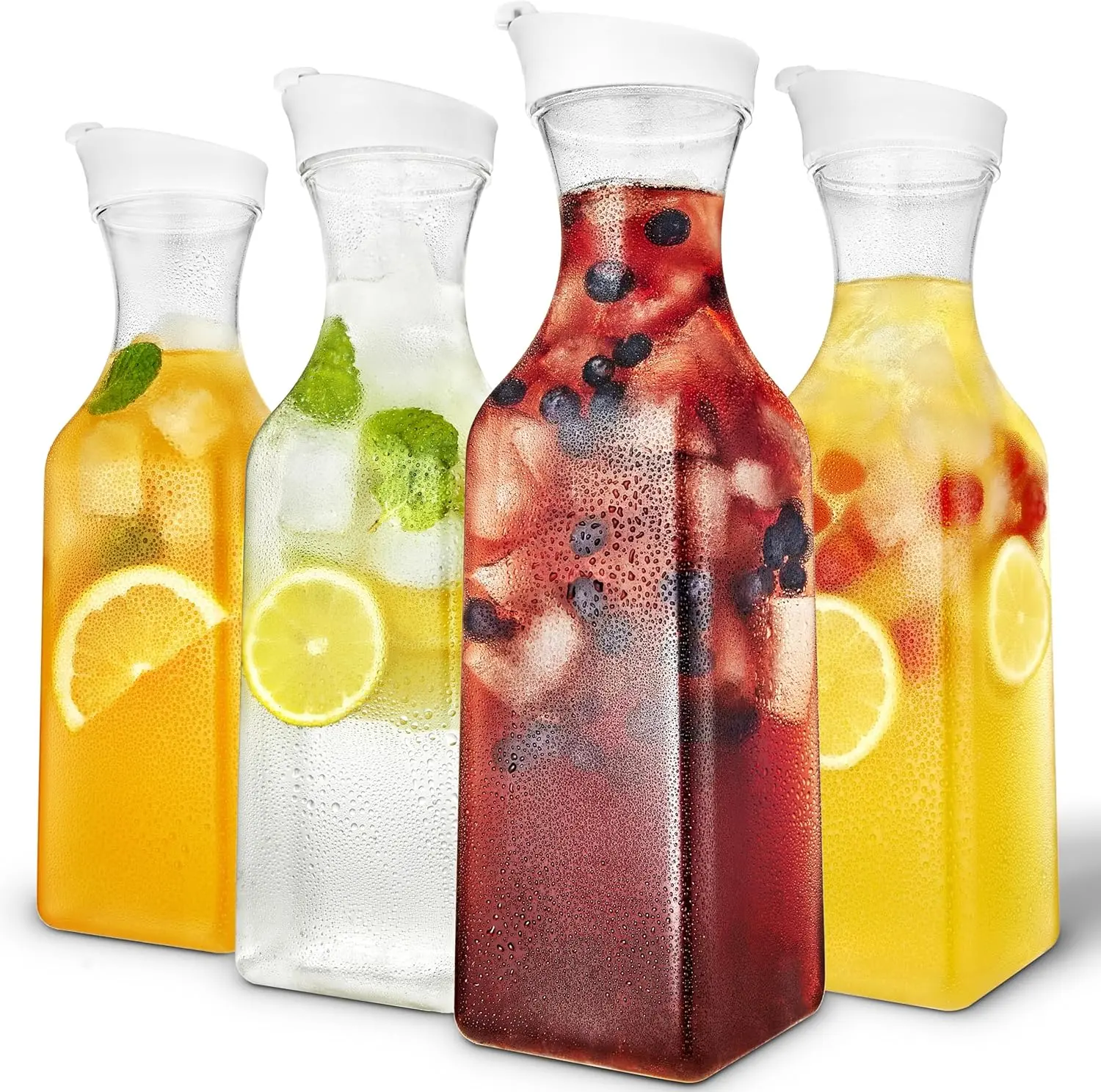 4-Pack 50 oz Transparent Square Plastic Beverage Pitchers & Jugs - Airtight Seal Silicone Lid Containers, Wide Mouth, Square Base, Ice Cube-Compatible Fridge Storage, Easy-Pour for Serving Drinks, Organizing Pantry Kitchen Drinkware