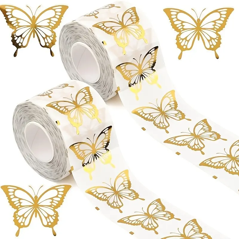 500pcs/roll Golden Butterfly Self-Adhesive Stickers, High Quality Golden Foil DIY Gift Box Wrapping Party Decoration Stickers，party decoration，party supplies, DIY Gift Box Decoration, Birthday Party Supplies, Aesthetic Stickers