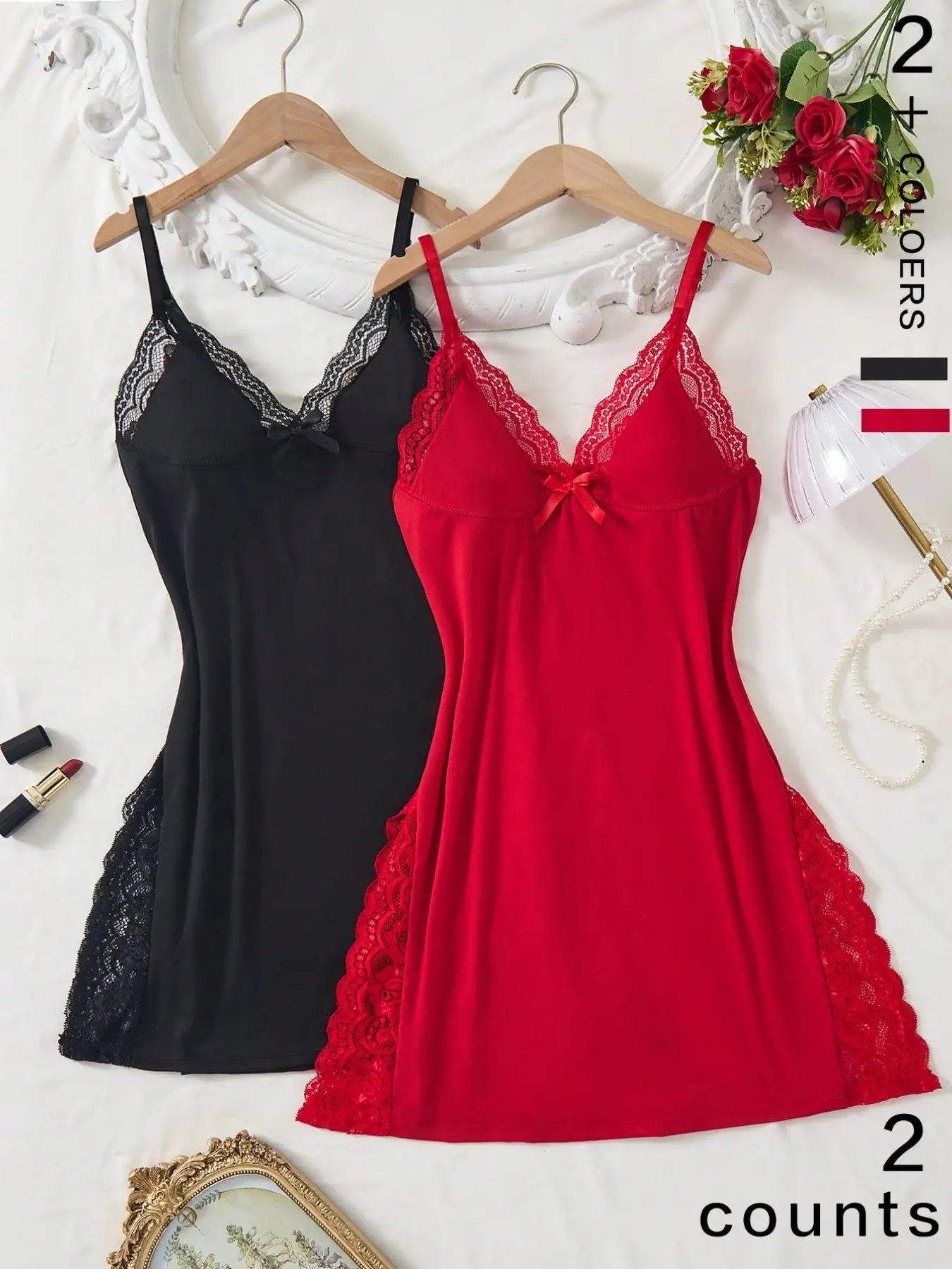 2 Piece Lace Trimmed Bow Decorative Romantic Side Slit Strapless Nightgown, Sleepwear Gowns, Night Dress, Elegant Sleepwear for Women, Comfortable and Stylish Loungewear