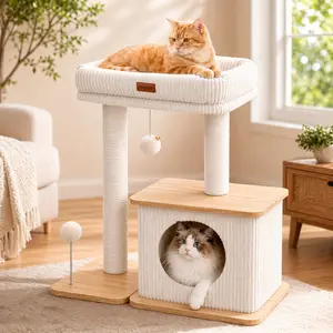 [On Sale] purrlato Premium Modern Wooden Cat Tree Tower, Cozy Condo Hideout, Full-Wrap Scratching Posts & Interactive Toy for Indoor Cats，Apartment-Friendly Cat Furniture with Plush Perch, Cat House & Scratcher #Monther's Day Gift， summerwins