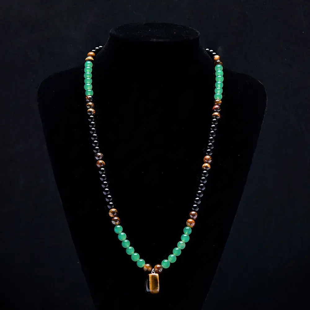 Green Aventurine & Tiger Eye Crystal Necklaces, Vintage Boho Chic Healing Crystal Stone on a 27.1" Long Chain, Meaningful Gifts for a Themed Party, Boho Chic Crystal, Spiritual Pendant