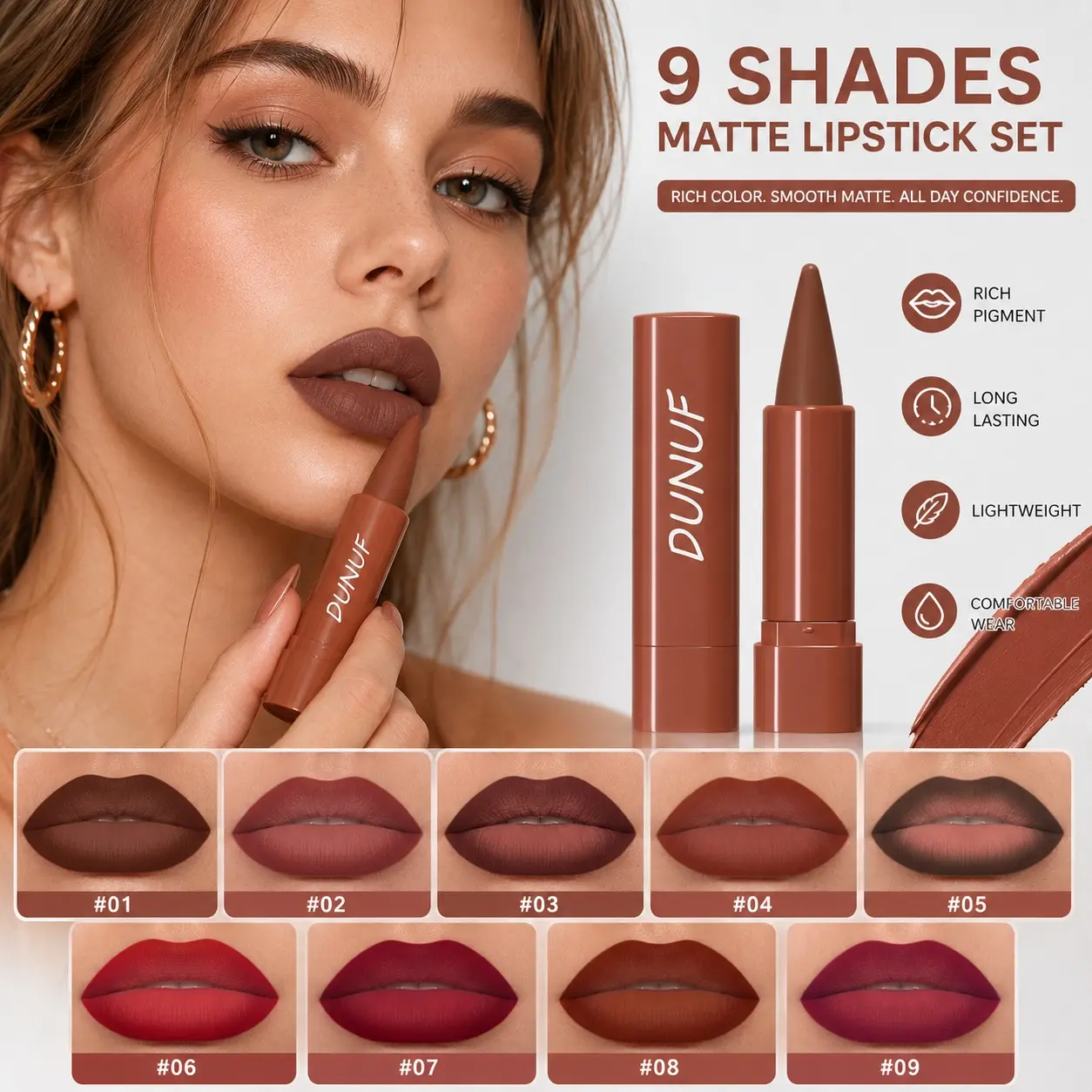 DUNUF 9 Shades Matte Velvet Lipstick Set, Lip Products Makeup, Waterproof & Easy to Apply Lip Gloss, Long-Lasting Lip Glaze, Beginner Friendly, Lip Cosmetic Gift Box