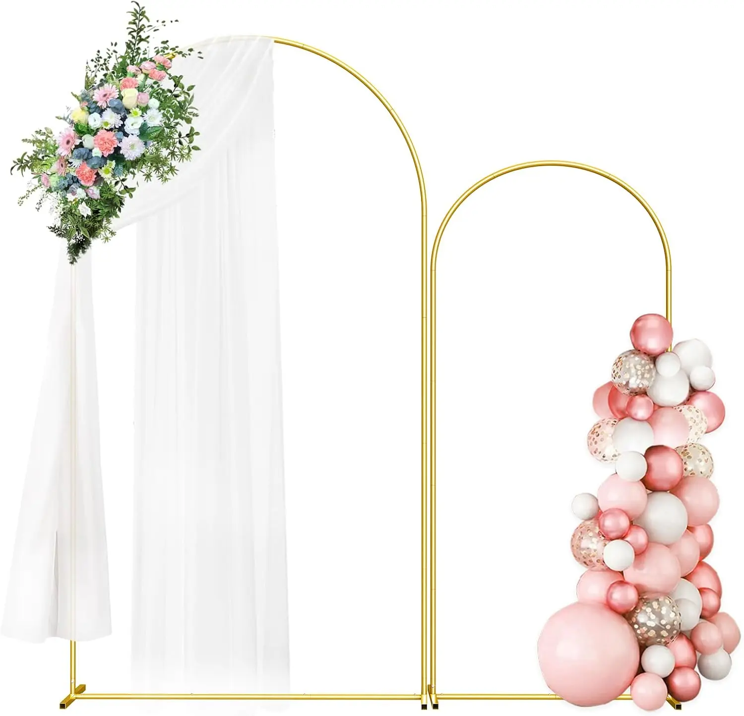Gold Metal Round Wedding Arch Backdrop Stands (7.3ft*3.9ft, 6ft*2.6ft) - Set of 2 with Screws, Balloon Arch Stands, Flowers, Ornaments, LED Lights, Garlands, Festive Party Supplies for Weddings, Indoor Events, Party Decorations Banners