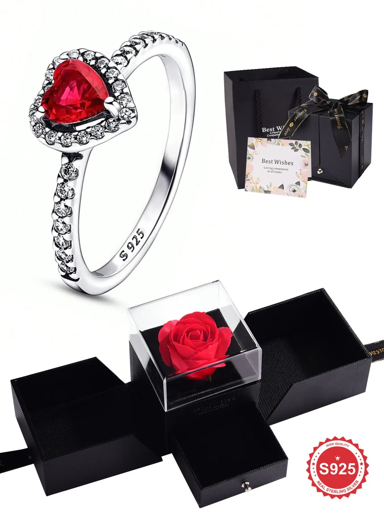 S925 Sterling Silver Fashion Heart Shaped Zircon Ring, Wedding Promise Rings, Wedding Promise Band, Eternal Promise Engagement Wedding Ring, Ladies Fine Jewelry Holiday Anniversary Birthday Gift with Rose Flower Gift Box