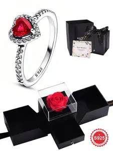 S925 Sterling Silver Fashion Heart Shaped Zircon Ring, Wedding Promise Rings, Eternal Promise Engagement Wedding Ring, Ladies Fine Jewelry Holiday Anniversary Birthday Gift with Rose Flower Gift Box