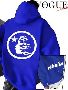 Hell Star Pattern Street Style Loose Hooded Sweatshirt, Gothic Rock Hoodie, Unisex Casual Top, Sporty Commuter Wear, Fall & Winter Fashion