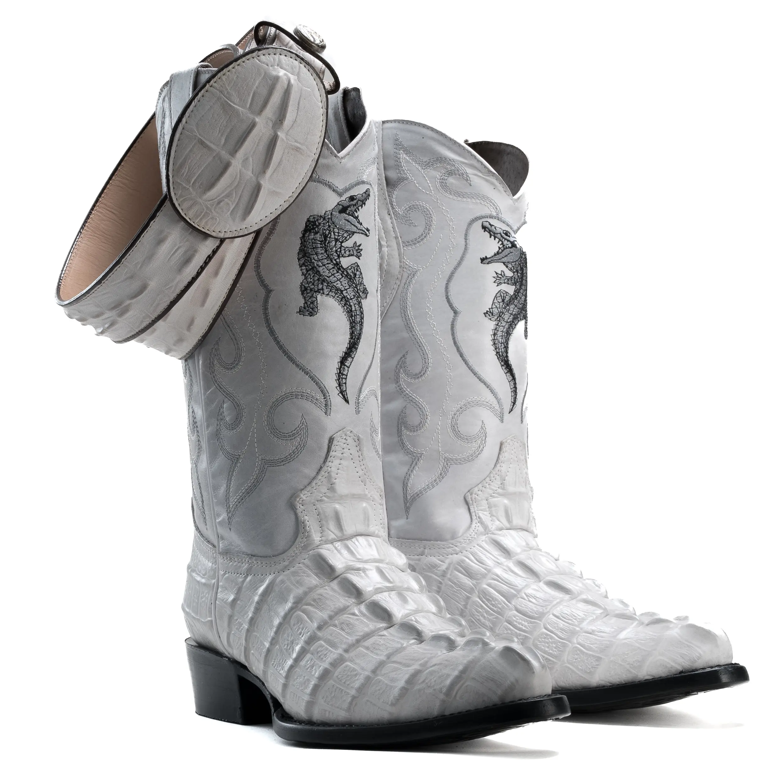 Men's Western Boots Combo Set: Caiman Print J Toe Cowboy & Rodeo boots in Genuine Cowhide Leather With Belt