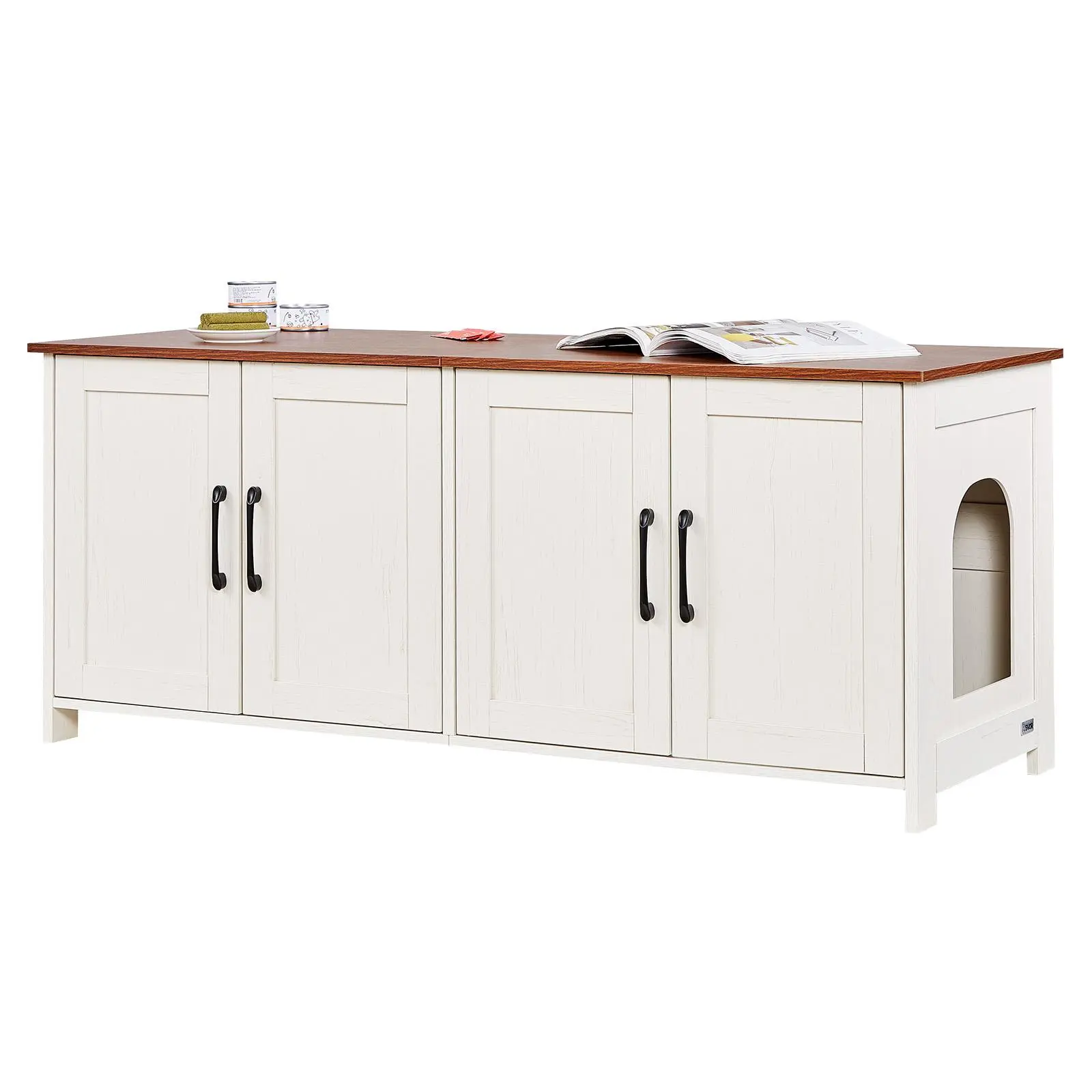 【SummerFinds】VEVOR Cat Litter Box Enclosure for Multi Cats, 47.2 in Hidden Litter Box Cabinet with 4 Doors & 2 Entries, Indoor Cat Washroom, Wooden Kitty House Furniture, Fit Most Litterboxes, Brown & White