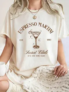 Vintage Washed Oversized T-Shirt - Cream Espresso Martini Social Club Graphic Daily Casual Short Sleeve Top