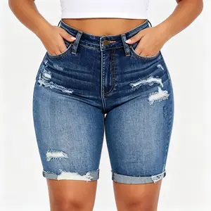 Women’s summer washed ripped slim-fit denim shorts—clean cuts that flatter the legs, stylish and eye‑catching for vacations and travel.