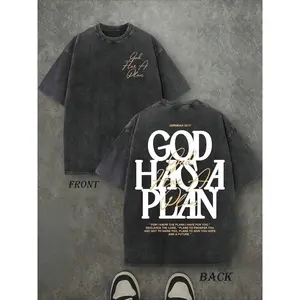 Jesus Tee God Has A Plan Graphic Tee Double-Sided Print Washed T-Shirt Holiday Gifts Y2K Men's Graphic Tees, Street - Style Vintage Washed T - Shirts, Cotton T - Shirts, 100% Pure Cotton, Unisex Graphic Tees  Halloween Back To School  Shirts Menswear