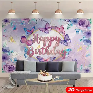 2D Flat-Printed Purple Rose-Butterfly Flower Tapestry Wall Hanging, Colorful Magical Backdrop for Women’s Party Photo Booth, Aesthetic Home Decor Gift