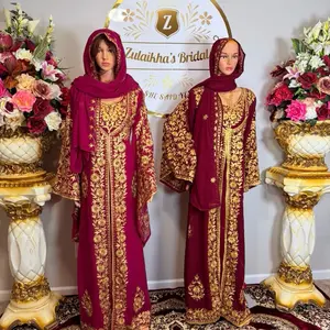 Embroidered Crystal Nikah Eid Kaftan Dress – Dark Pink & Maroon Luxury Party Wear