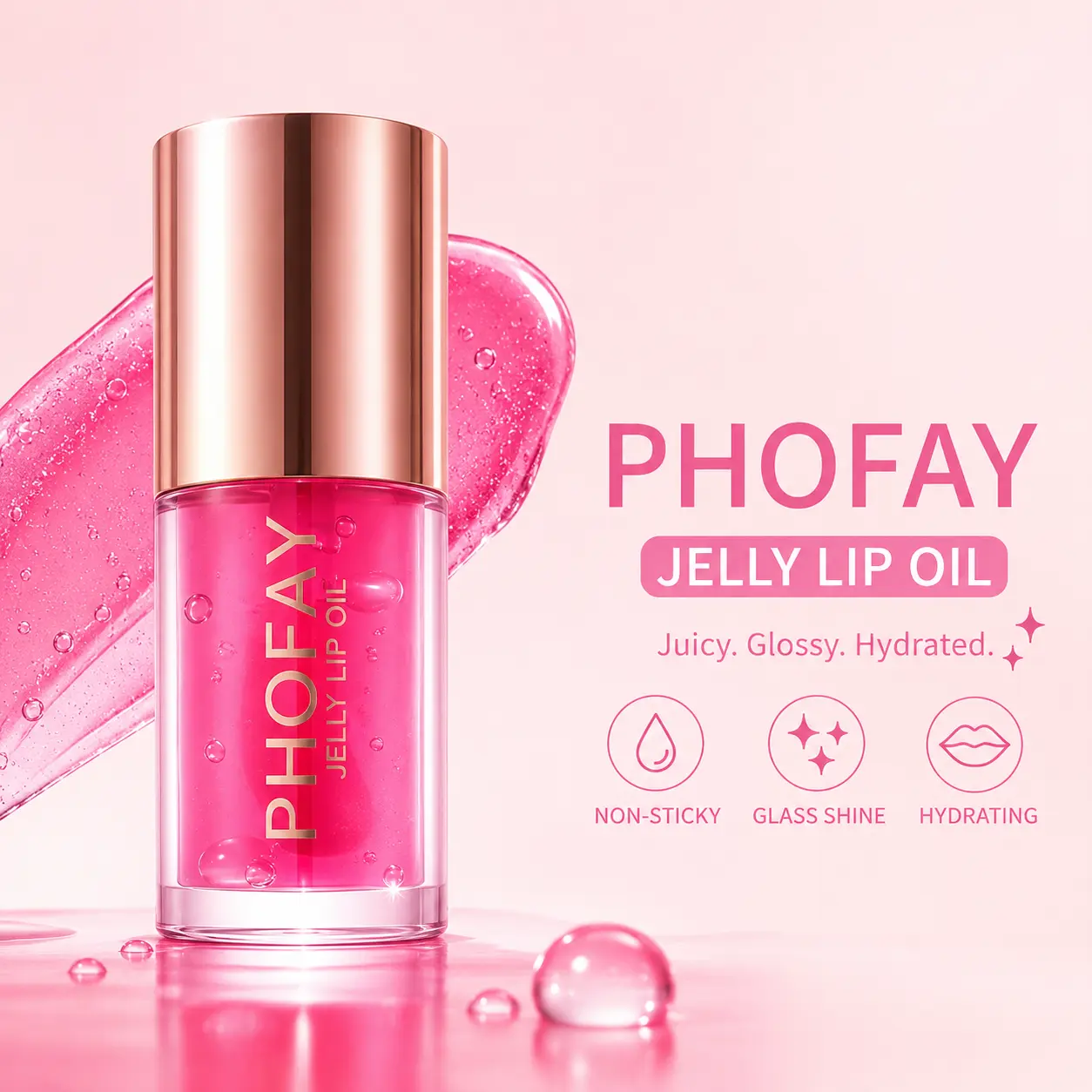 PHOFAY Jelly Lip Oil + Lip Tint | Glossy Hydrating Lip Oil, Glass Shine, Moisturizing Lip Care, Lightweight, Non-Sticky, Long-Lasting (6 Shades)