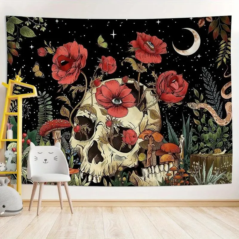 1pc Skull tapestry for bedroom luminous celestial moon flower fantasy wall hanging living room retro gothic art bohemian mysterious decoration aesthetic design natural flower colorful dormitory mural