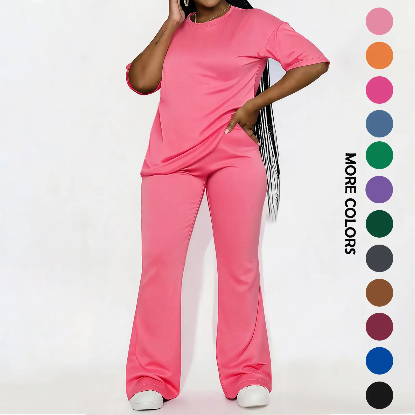 Women's Solid Drop Shoulder 2-Piece Set - Half Sleeve Crewneck (Round Neck) Fitted Minimalist Tee & Pants, Casual Cozy Womenswear for Daily Outdoor Fall Wear, Casual Women's Set Suits Basic Shortsleeve