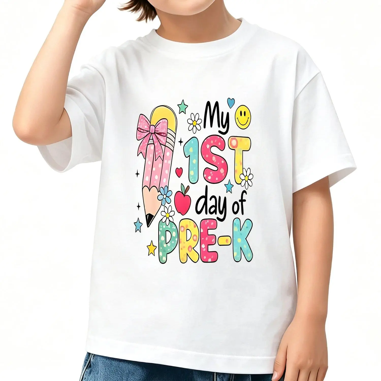 Childrens Back to School Pre K First Day of School Graphic Short Sleeve Tee Outfit Cute Playful School Spirit Trendy Top