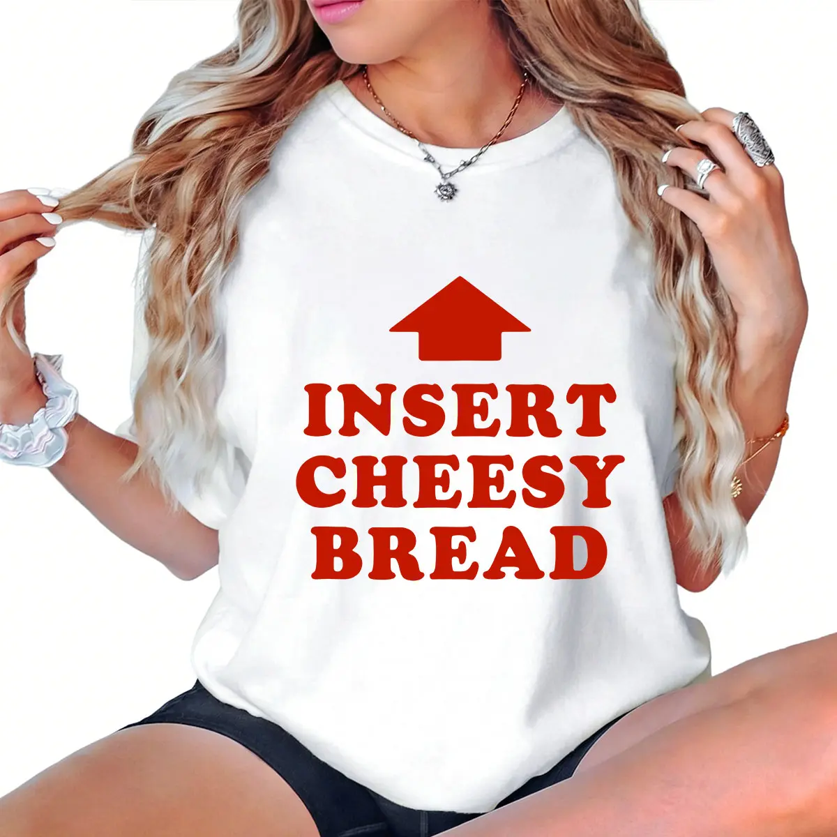 Women's 100% Cotton Printed Short-Sleeve T-Shirt - Red "INSERT CHEESY BREAD" Lettering, Red Arrow Design, 180G/230G Fabric, Round Neck, Casual Fitted Streetwear, Soft Comfortable Fit, Made In USA