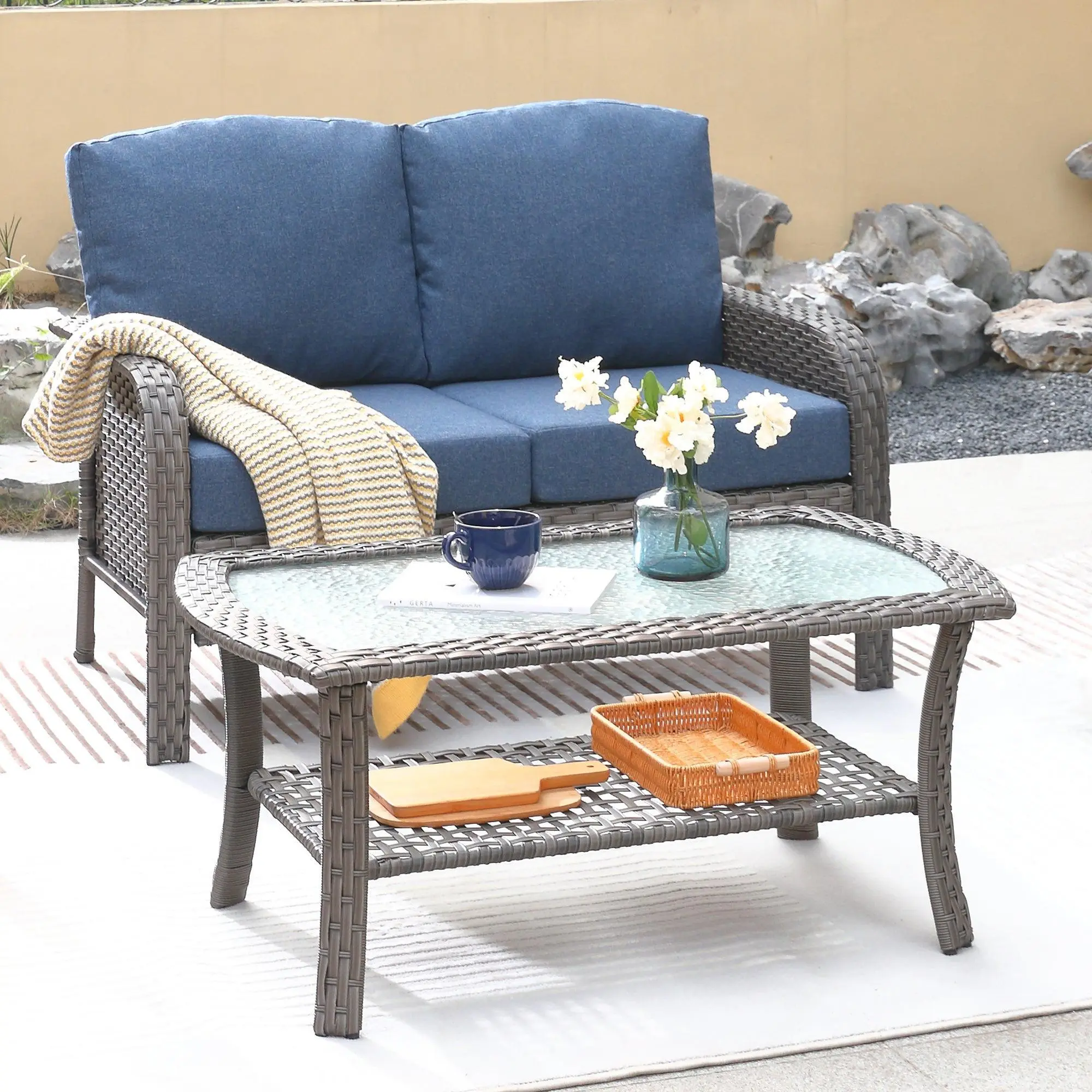 【Summerfinds】OVIOS 2-Piece Outdoor Patio Loveseat Set with High-Back Cushions, All-Weather Wicker Conversation Set for Backyard, Patio, Porch, Deck, Garden & Balcony Rattan Sofa Set