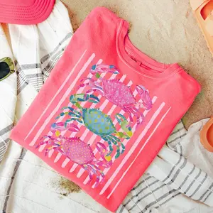 Comfort Colors Striped Coastal Crab Shirt Crab Graphic Tee Beach Vibes Nautical T-shirt Summer Vacation Gift Tropical T-shirt