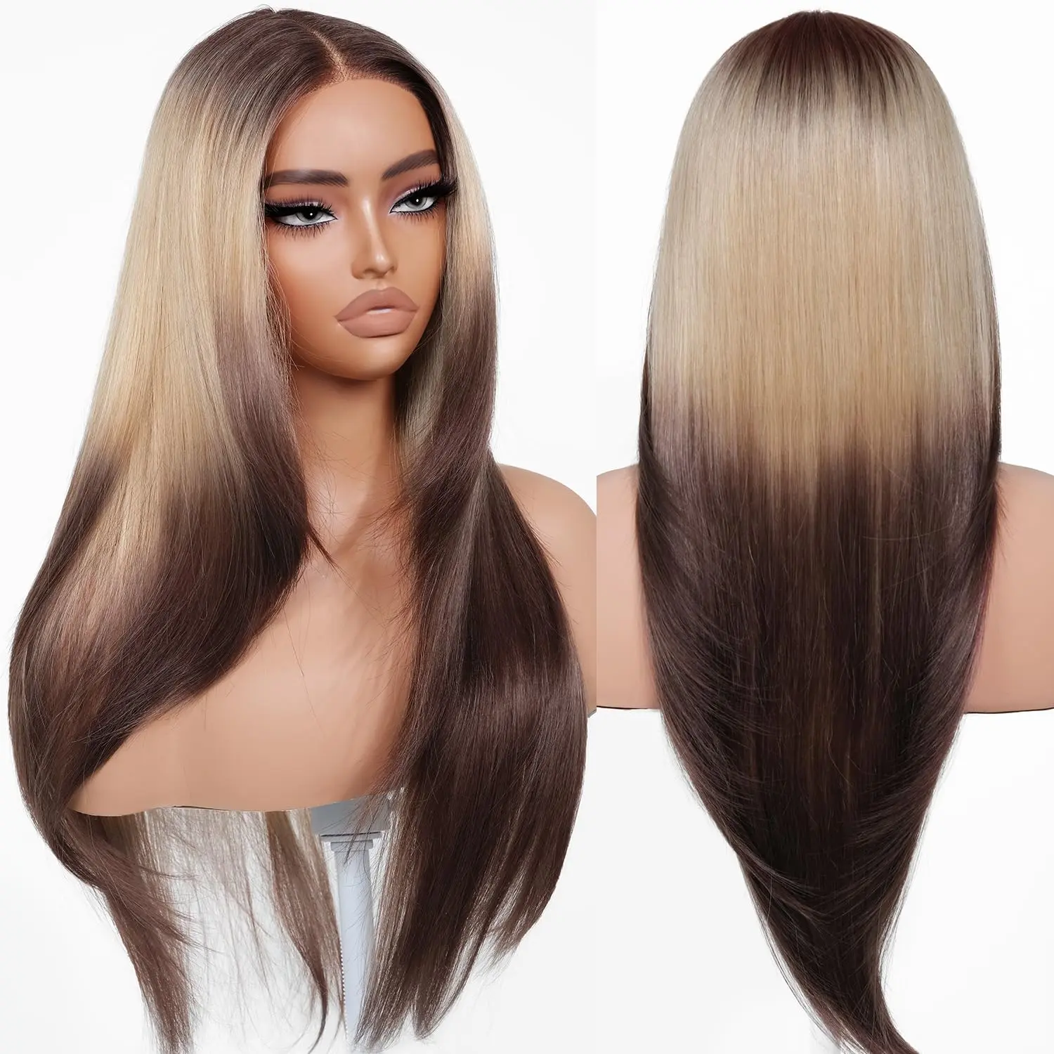 BROWNBOMB Glueless Wig for Women, 26 Inch Layered Straight Middle Part Synthetic Hair with Bangs, Pre-Plucked and Pre-Cut T-Part HD Lace, Heat Resistant Fiber for Daily Wear, Lace Frontal Wig, Pre Plucked Wigs