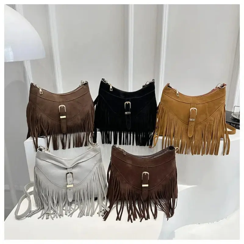 Boho Fringe Crossbody Bag for Women Vintage Tassel Shoulder Bag Suede Leather Hobo Purse Western Cowgirl Handbag Y2K Retro Style
