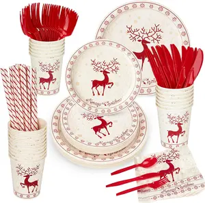 215 Pcs Christmas Plates and Napkins Set Serve 25, Christmas Elk Disposable Tableware Set, Christmas Decorations Includes Plates, Cups, Napkins, Christmas Tableware