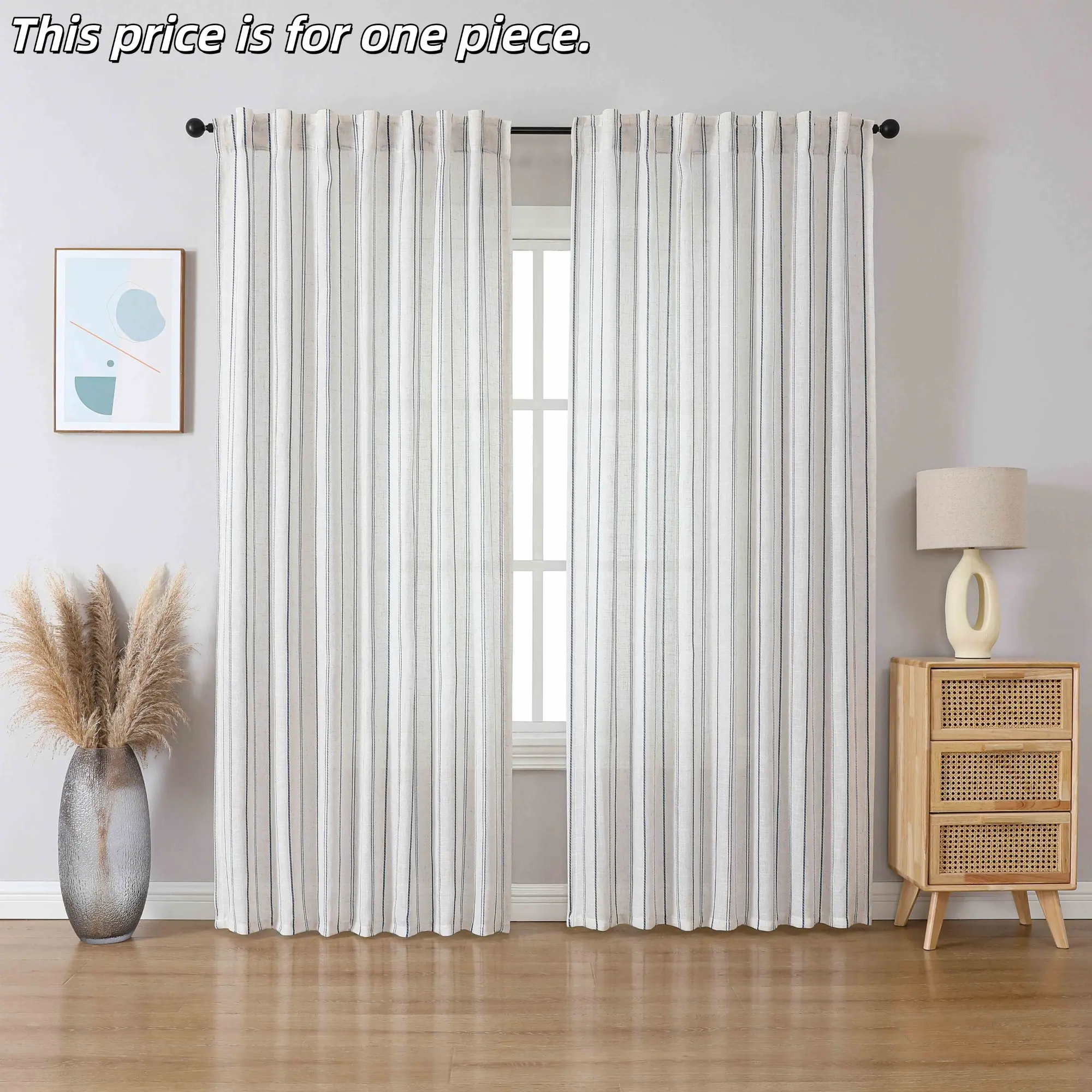 1PC Japanese Linen Curtain, Blue Striped Semi-Sheer Drapes, Privacy Blocking, Light Filtering, Bedroom Balcony Curtains, Classic Style, Curtain for Windows
