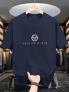 Philipp Plein PP Letter T-Shirt, Luxurious Minimalist Short Sleeve, Casual Fashion Men's Clothing, Daily Wear, Fitted Long Top
