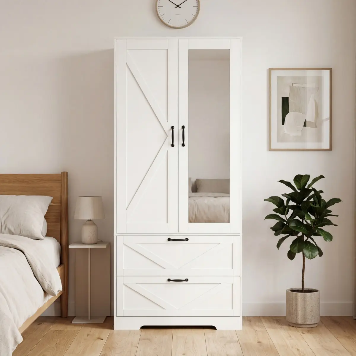 Minimalist Modern Rectangular 2-Door Particle Board Wardrobe - Bedroom Closet with Luminous Built-In Induction Light, Hanging Rod, 2 Storage Drawers, Mirror, Large Space Storage, White/Black/Natural, Built-In Light