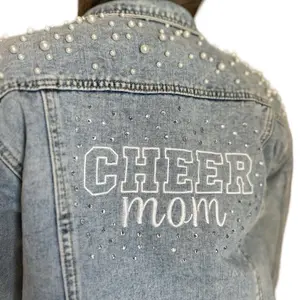 Cheer Mom Embroidered Jean Jacket with Rhinestones and Pearls - Casual Womenswear Coat, Fitted Design, Long Sleeve - Tops, Coats, Comfort, Outerwear