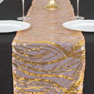 Sequin Mesh 12"x108" Table Runner Rose Gold/Gold Stylish Wave Embroidery